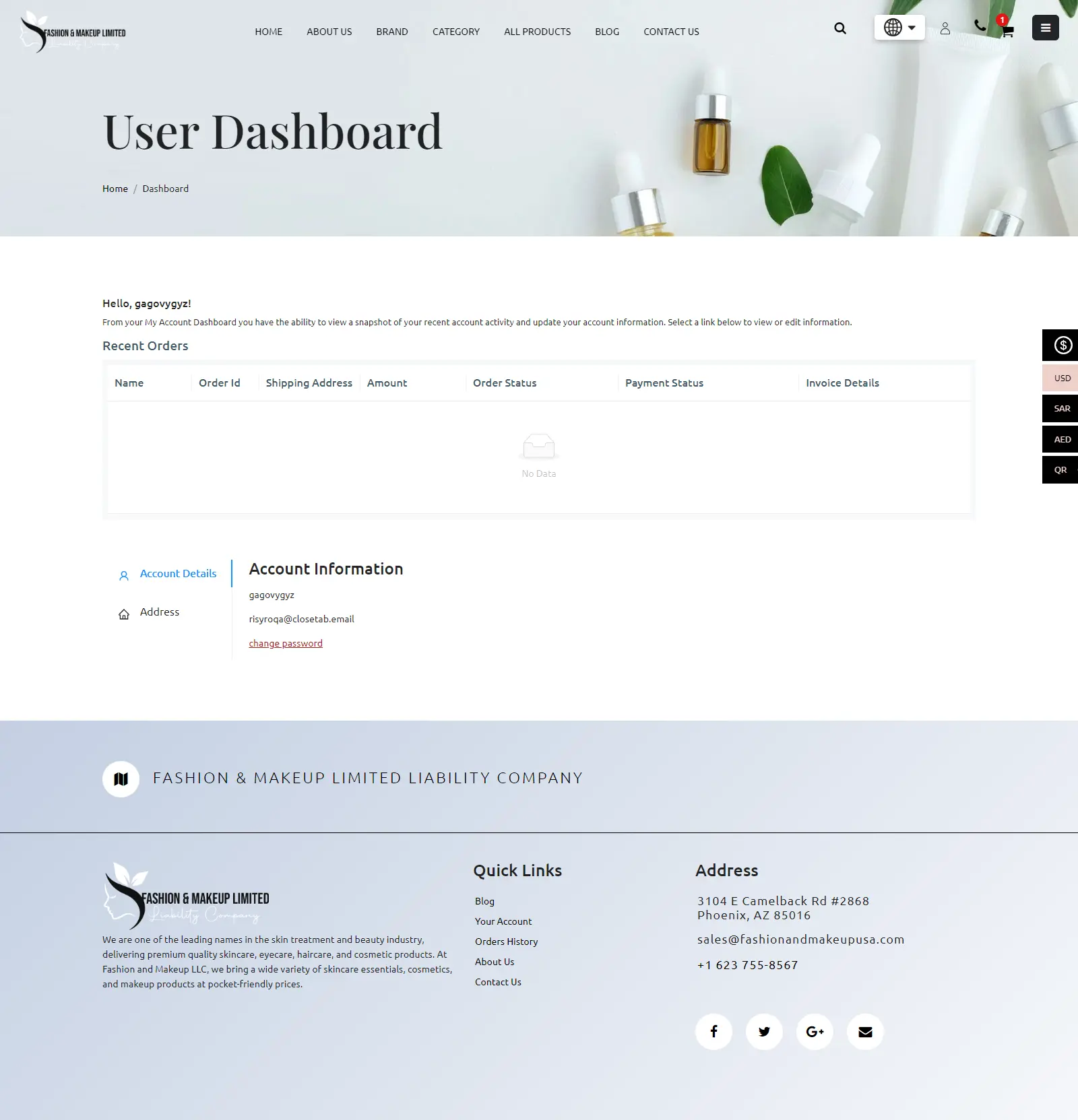 User Dashboard page