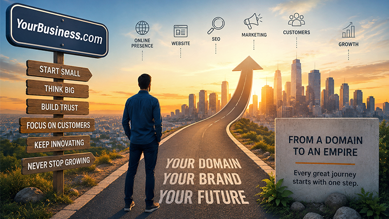 Inspirational business growth illustration showing an entrepreneur walking toward a growing city skyline, with a domain-to-success journey symbolizing how a strong online presence can help small businesses grow.