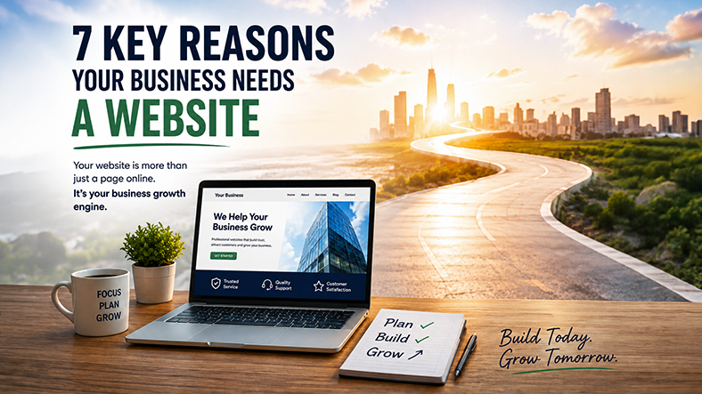 Inspirational business website banner showing a laptop on a desk, a growing city skyline, and a road leading toward the future, illustrating how a professional website can help a business grow.