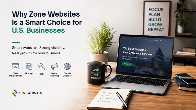 Inspirational Zone Websites banner showing a professional workspace with a laptop displaying a business website, highlighting web development, hosting, SEO, digital marketing, and domain guidance.